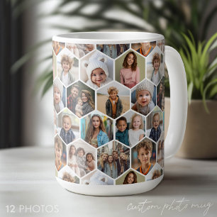 Caneca De Café 12 Colagem de Fotos - padrão hexagonal divertido