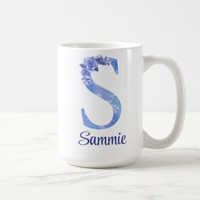 Caneca De Café 15 oz Personalizado com Azul de Aquarela e Floral (Direita)