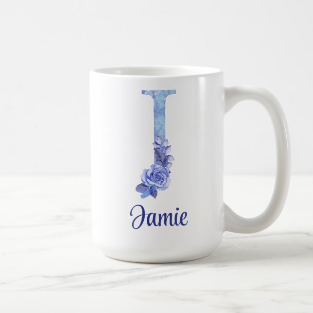 Caneca De Café 15 oz Personalizado com Azul de Aquarela e Floral (Direita)