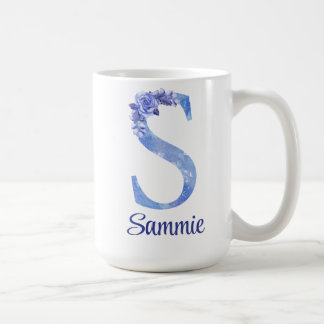 Caneca De Café 15 oz Personalizado com Monograma Azul e Floral Ag