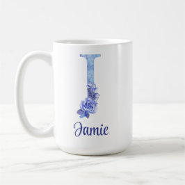 Caneca De Café 15 oz Personalizado com Monograma Azul e Floral Aq