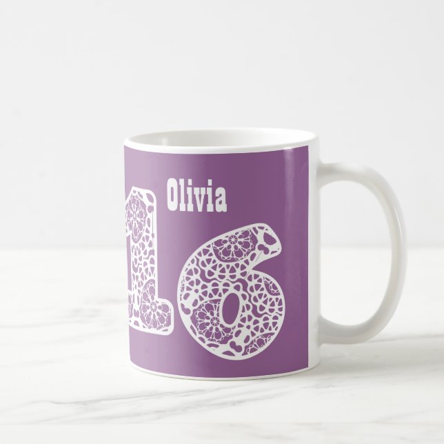 Caneca De Café 16o O laço ROXO e BRANCO do aniversário numera V09 (Direita)