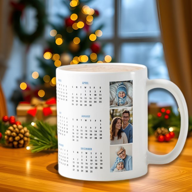 Caneca De Café 2026 calendar blue photo collage three photos (Criador carregado)