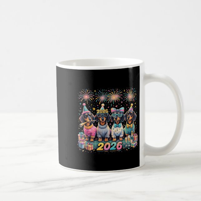 Caneca De Café 2026 New Year Dachshund Party Fireworks Fun  (Direita)