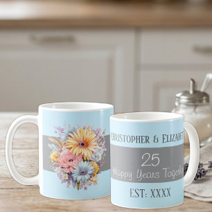 Caneca De Café 25 prata aniversário flores nomes azuis