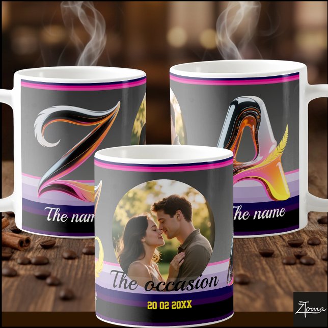 Caneca De Café 2 letters, 2 names, an occasion, a picture & Date (EDIT to change the occasion, names, date, & picture & also choose from 26 decorative characters.)