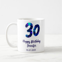 Caneca De Café 30th birthday add name date year blue sparkle 