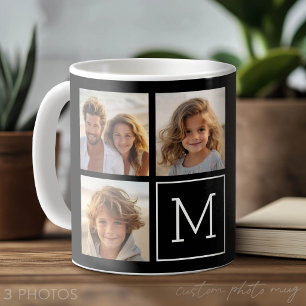Caneca De Café 3 Colagem de Fotos Monograma Moderno Preto e Branc