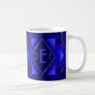 Caneca De Café 3 Monograma Inicial - Letra Azul - Diamante Geomét