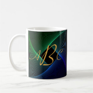 Caneca De Café 3 Monograma Inicial - Letra Verdes/Azul Linhas Cir