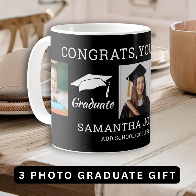 Caneca De Café 3 Parabéns de Colagem de Fotografias Formando 2025 (3 Photo Collage Congratulations Grad 2025 Black Coffee Mug)