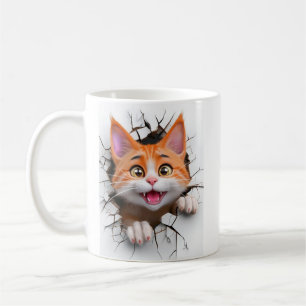 Caneca De Café 3d Laranja E Branco Gato Quebra Pela Parede