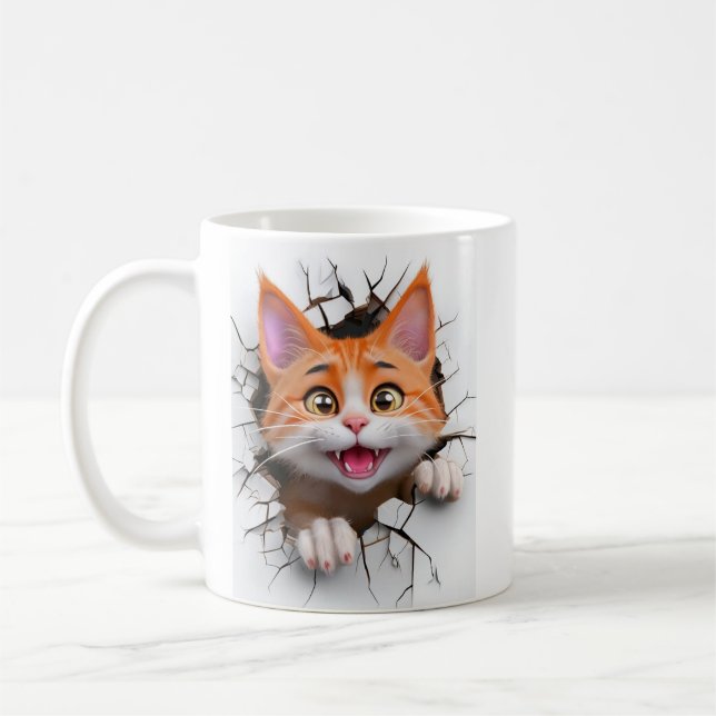 Caneca De Café 3d Laranja E Branco Gato Quebra Pela Parede (Esquerda)