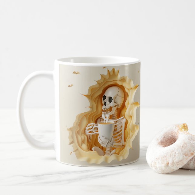 Caneca De Café 3D Olhe o esqueleto impresso com café (Com Donut)