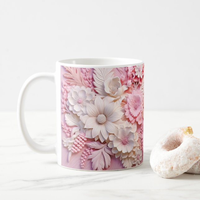 Caneca De Café 3D Parecendo Flores Rosa Impressas (Com Donut)