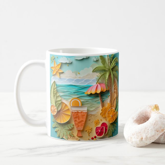 Caneca De Café 3D Parecendo Praia Tropical Impressa (Com Donut)