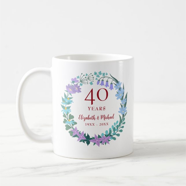 Caneca De Café 40 anos Ruby Floral Bluebell Lilac Wreath (Esquerda)