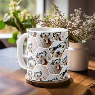 Caneca De Café 4 Colagem de Fotos - padrão hexagonal funky