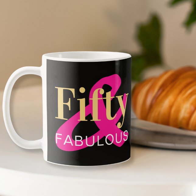 Caneca De Café 50º aniversário Cinquenta e Fabuloso preto rosa qu (Criador carregado)