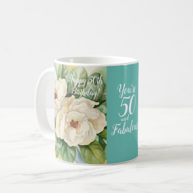 Caneca De Café 50 E Fabuloso 50º Aniversário Teal Nome Floral (Frente Esquerda)