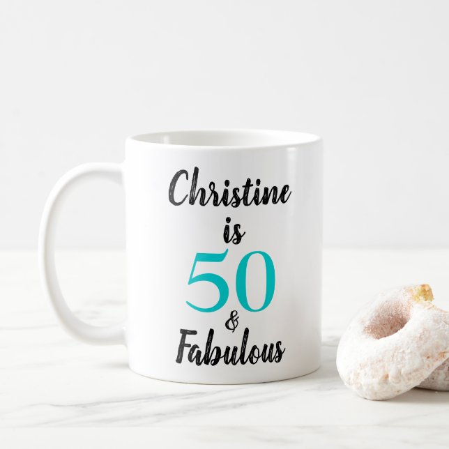 Caneca De Café 50 e Fabuloso Aniversário Turquesa Preta Branco (Com Donut)