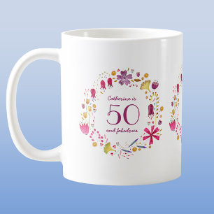 Caneca De Café 50 e Nome Fabuloso de Watercolor Floral Aniversári