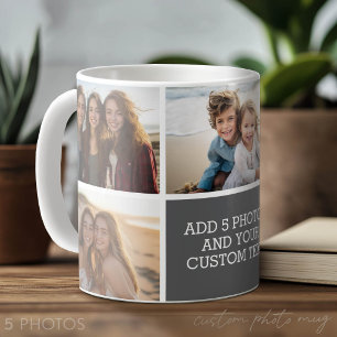 Caneca De Café 5 Colagem de Fotos com Texto - Cinza Branco Minima