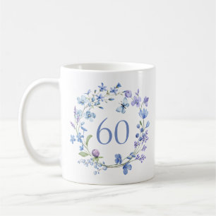 Caneca De Café 60.º Aniversário Monograma Floral Azul