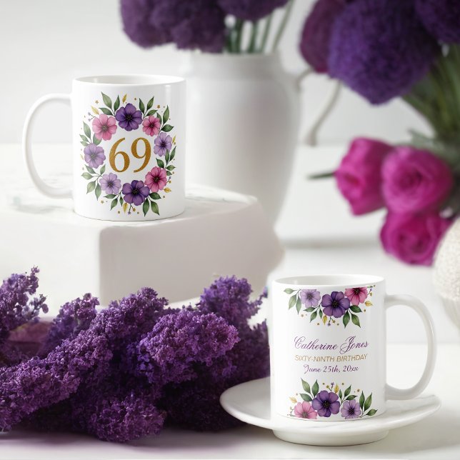 Caneca De Café 69º Aniversário da Mug - Fraqueza Floral com Númer (Criador carregado)