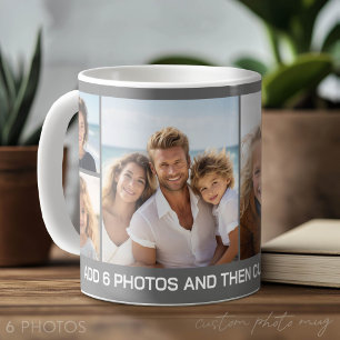 Caneca De Café 6 Colagem de Fotos - Fundo Cinza com Texto Branco