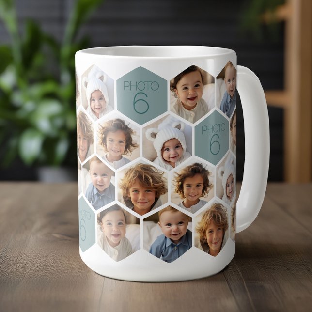 Caneca De Café 6 Colagem de Fotos - padrão funky honeycomb - bran (Custom Mug with Photo Collage in a Honeycomb Pattern)