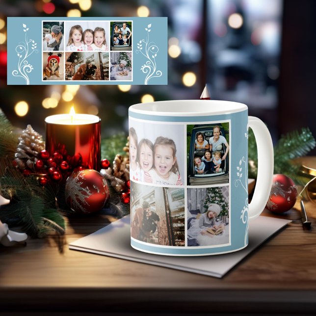 Caneca De Café 6 Fotografias Collage Foliage Blue Christmas Famil (Criador carregado)