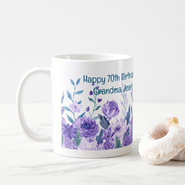 Caneca De Café 70 Aniversário Vovó Flores Adoram Floral Elegante (Com Donut)