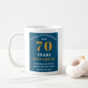 Caneca De Café 70 Birthday Azul E Dourado Adicione Seu Nome