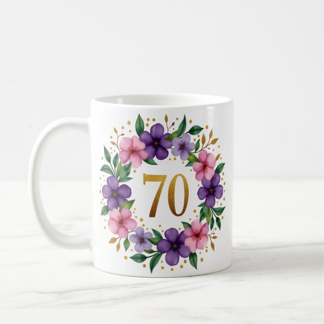 Caneca De Café 70 Birthday Mug - Fraqueza Floral com Número Doura (Esquerda)