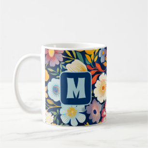Caneca De Café 70s 60s Monograma Floral Retro Azul e Laranja