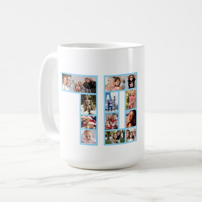Caneca De Café 70th Birthday Photo Collage Blue  (Frente Esquerda)