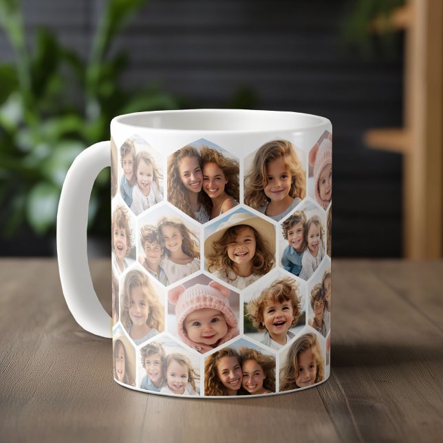 Caneca De Café 7 Colagem de Fotos - padrão de hexágono funky (Personalized mug template with a funky 7 photo collage in a honeycomb pattern)