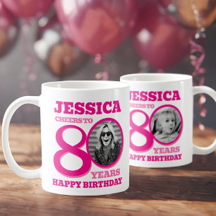 Caneca De Café 80 Birthday, texto cor-de-rosa duplo com nome de f