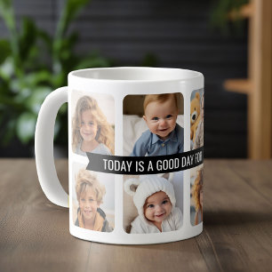 Caneca De Café 8 Colagem de Fotos com Fita de Texto Personalizada