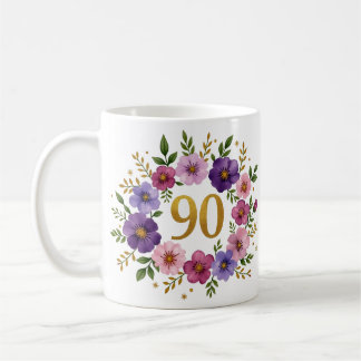 Caneca De Café 90 Birthday Mug - Fraqueza Floral com Número Doura