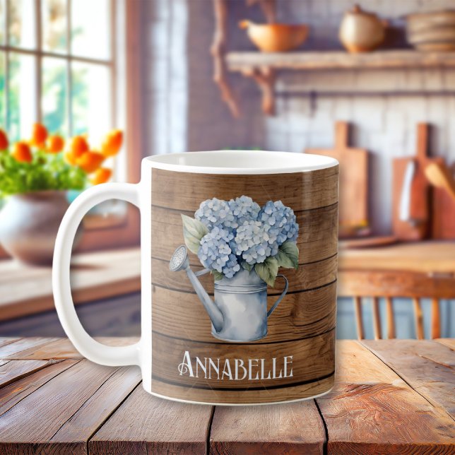 Caneca De Café A Águas Rustic Blue Hydrangea Pode Ser Personaliza (Rustic Blue Hydrangea Watering Can Personalized Coffee Mug
)
