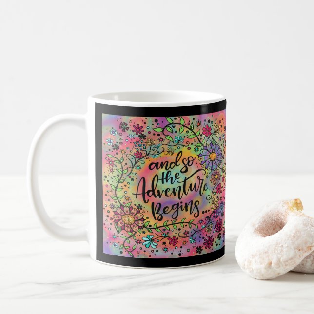 Caneca De Café A Aventura Começa A Diversão Floral Bonito (Com Donut)