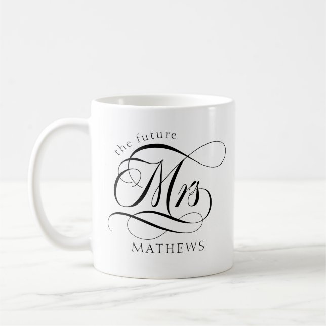 Caneca De Café A futura Sra. Name Modern Bride Black & White (Esquerda)