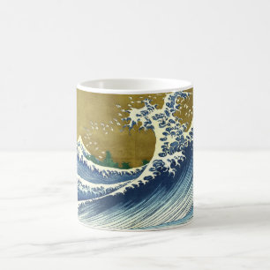 Caneca De Café A Grande Onda (Arte Japonesa Azul e Dourada, Hokus