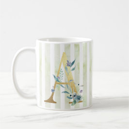 Caneca De Café A, inicial dourada em faixas azuis e brancas