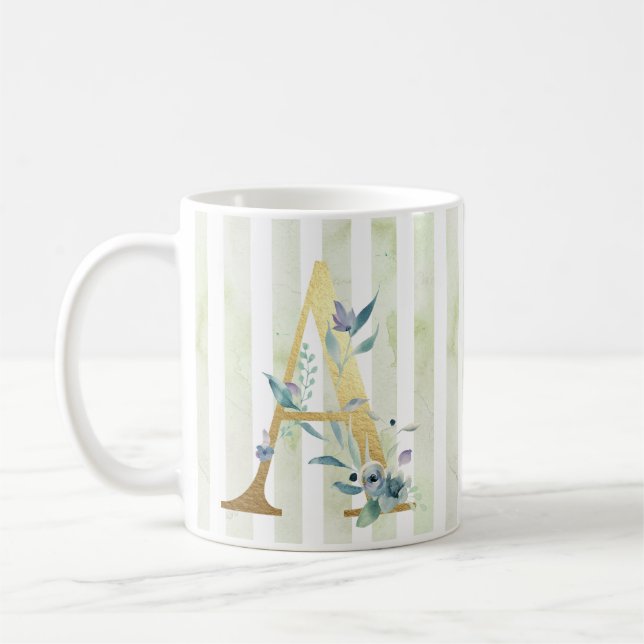 Caneca De Café A, inicial dourada em faixas azuis e brancas (Esquerda)