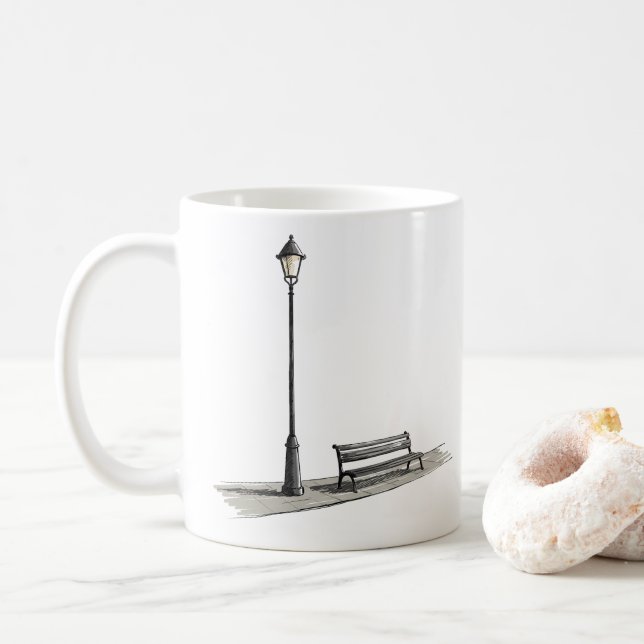 Caneca De Café A Lâmpada De Rua Simples E Convidando O Banco (Com Donut)