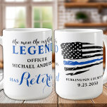 Caneca De Café A Legenda Se Aposentou Na Linha Azul Fina Personal<br><div class="desc">O Homem O Mito A Lenda! Policial De Linha Azul Fino Retimenta Mug De Café. DESIGN americano na Polícia de Sinalizador, cores modernas, preto branco e design azul. Personalize com o nome, departamento e data de aposentadoria dos policiais. Veja a nossa coleção para competir com convites de aposentadoria da polícia,...</div>