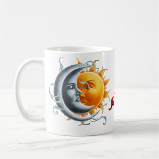 Caneca De Café A Lua e o Sol dançando juntos em um Branco